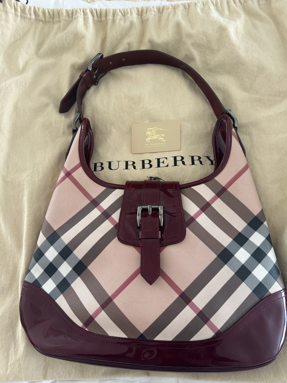 Burberry beige Plaid Shoulder Bag with Burgundy Trim